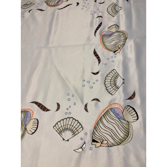 Embroidered Fish & Shells Sheen Tablecloth 68x86" Cutout Design - Picture 2 of 5